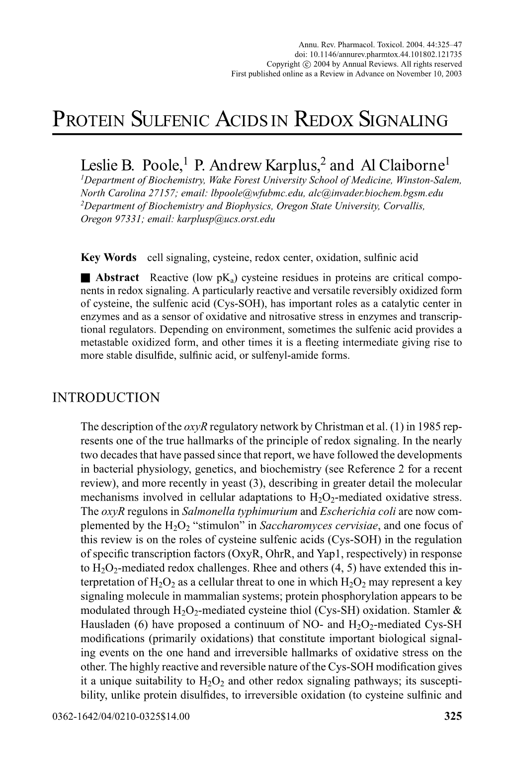 PROTEIN SULFENIC ACIDS in REDOX SIGNALING Leslie B