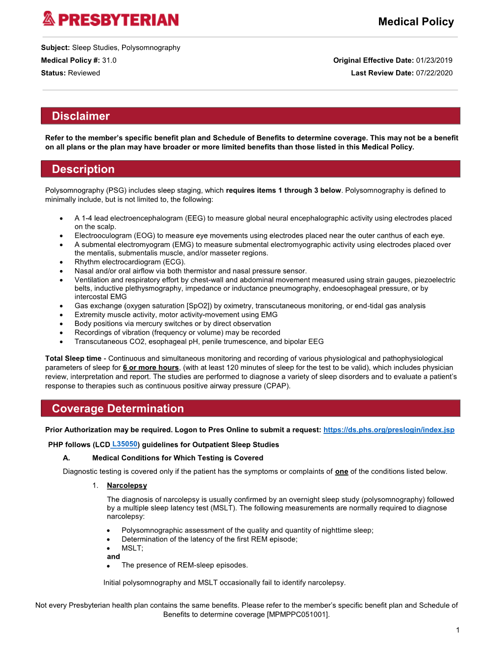 Sleep Studies, Polysomnography, MPM 31.0