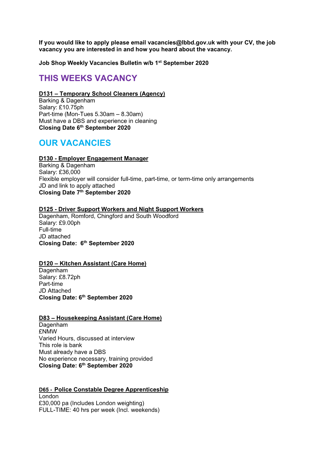 This Weeks Vacancy Our Vacancies