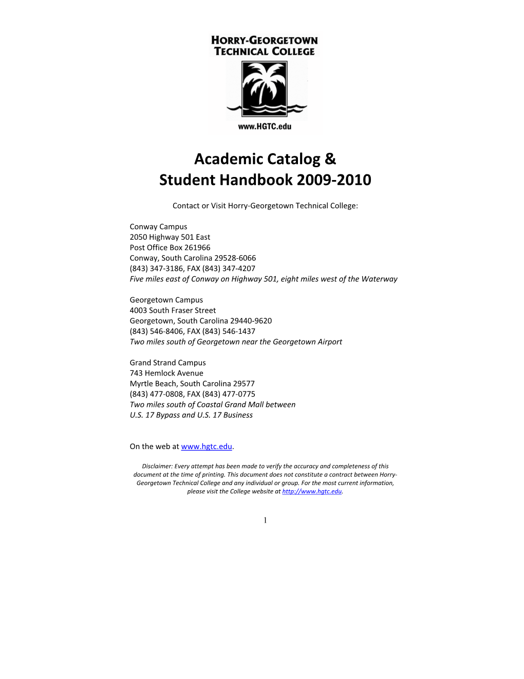 Academic Catalog & Student Handbook 2009-2010