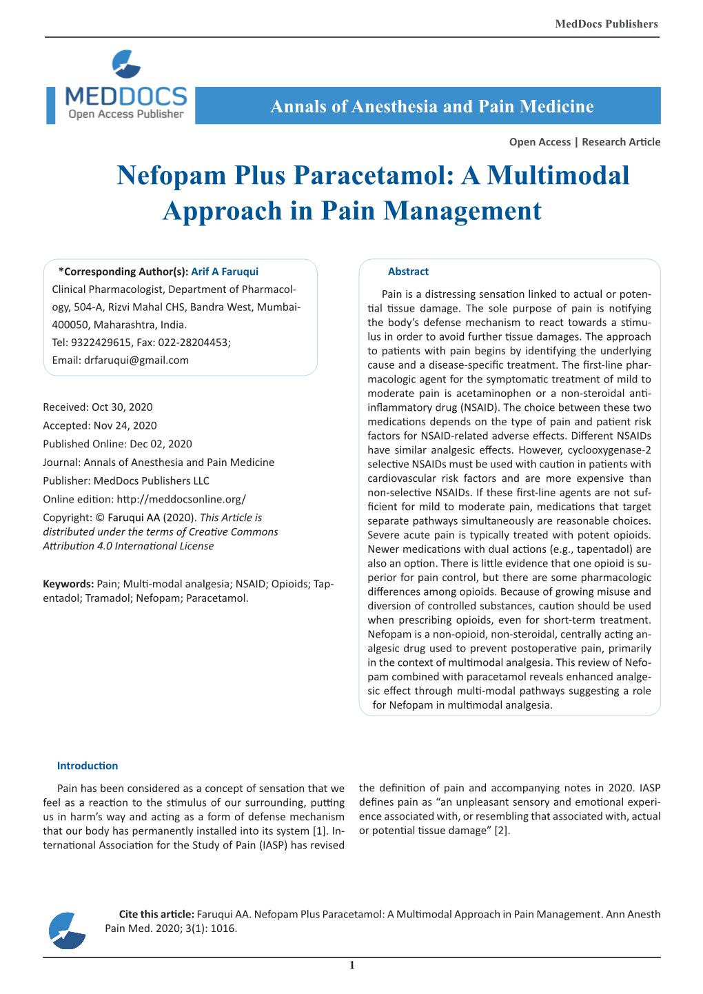 Nefopam Plus Paracetamol: a Multimodal Approach in Pain Management