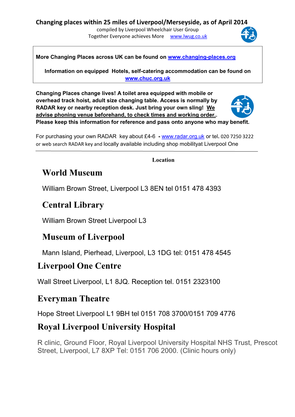 Changing Places Within 25 Miles of Liverpool/Merseyside, As of April 2014 Compiled by Liverpool Wheelchair User Group Together Everyone Achieves More