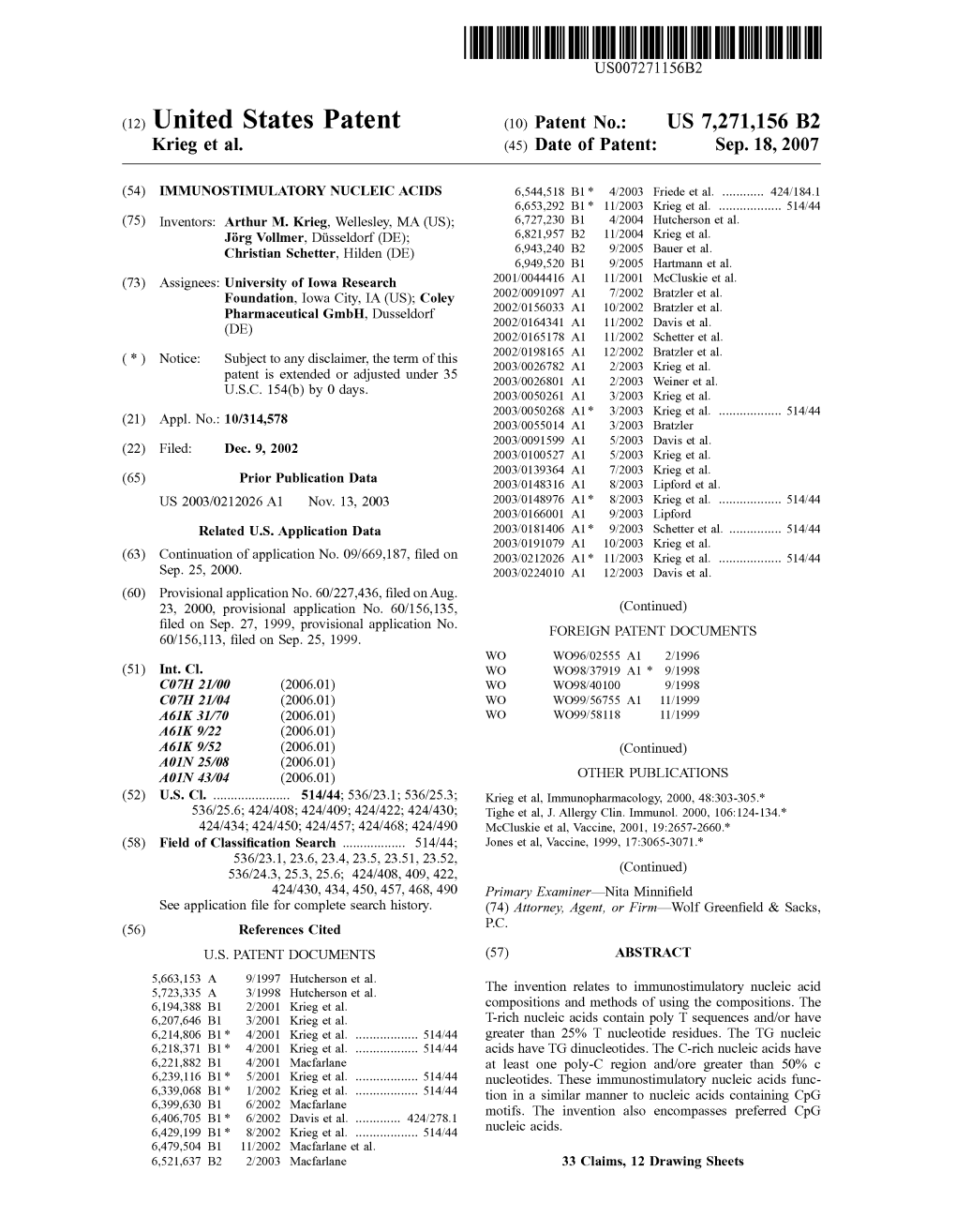 (12) United States Patent (10) Patent No.: US 7,271,156 B2 Krieg Et Al