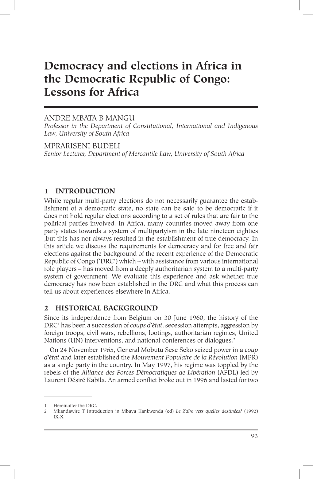 Democracy and Elections in Africa in the Democratic Republic of Congo: Lessons for Africa
