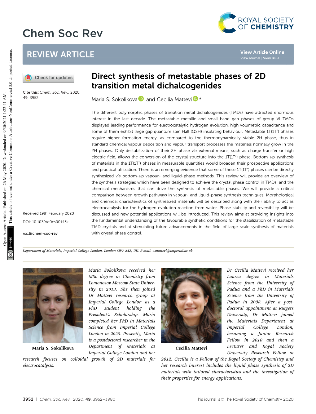 Direct Synthesis of Metastable Phases of 2D Transition Metal Dichalcogenides Cite This: Chem