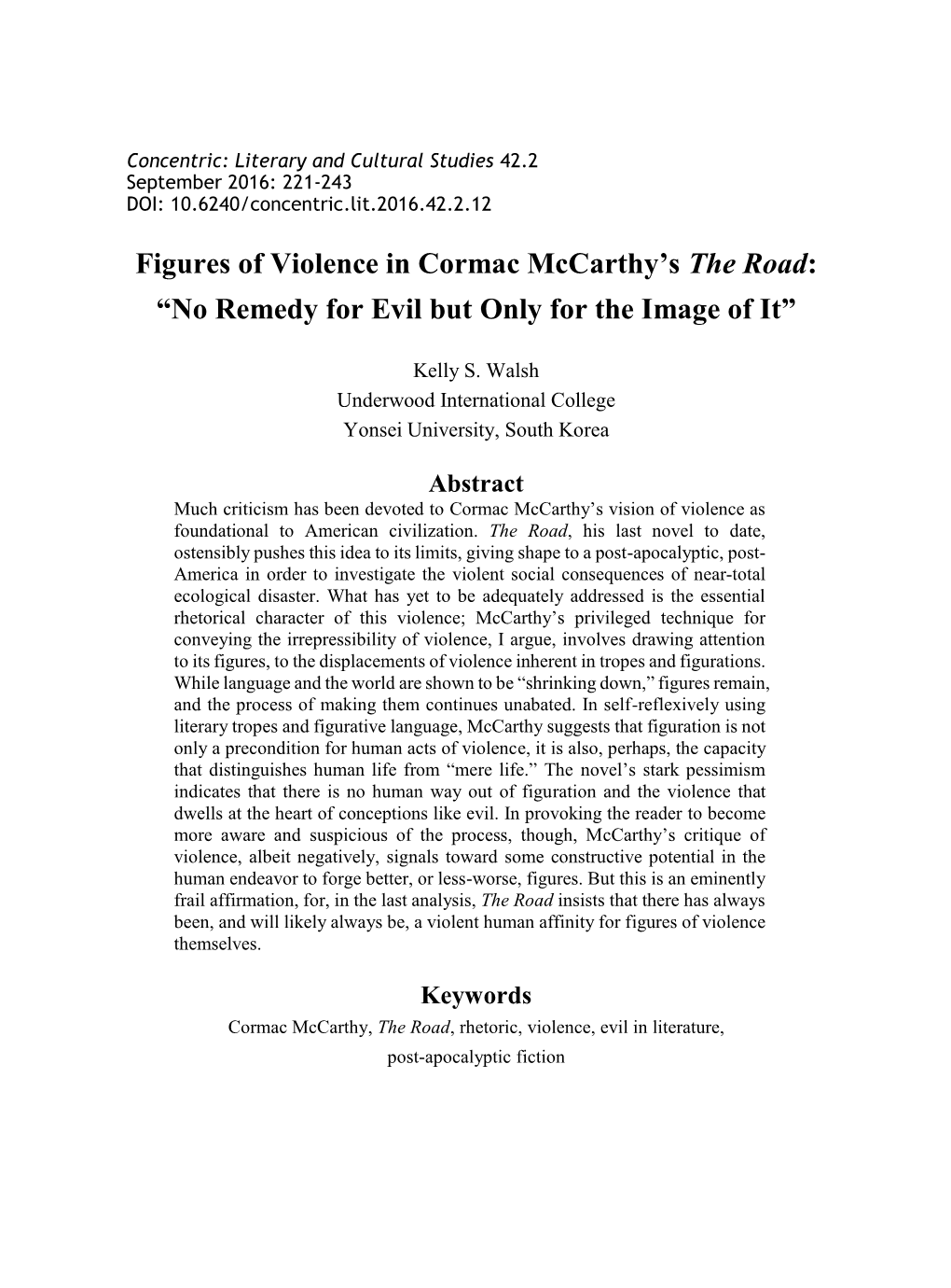 Figures of Violence in Cormac Mccarthy's the Road