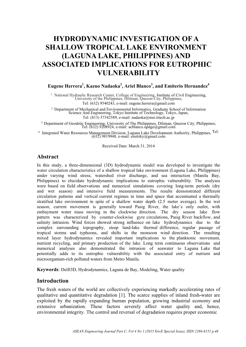 Water Balance Analysis of Laguna Lake, Philippines with Focus on Lake