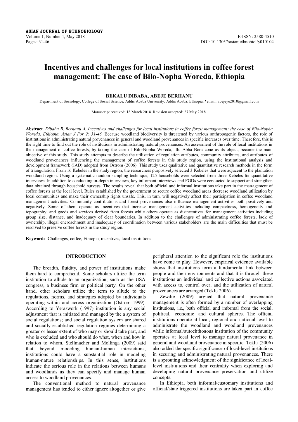 The Case of Bilo-Nopha Woreda, Ethiopia