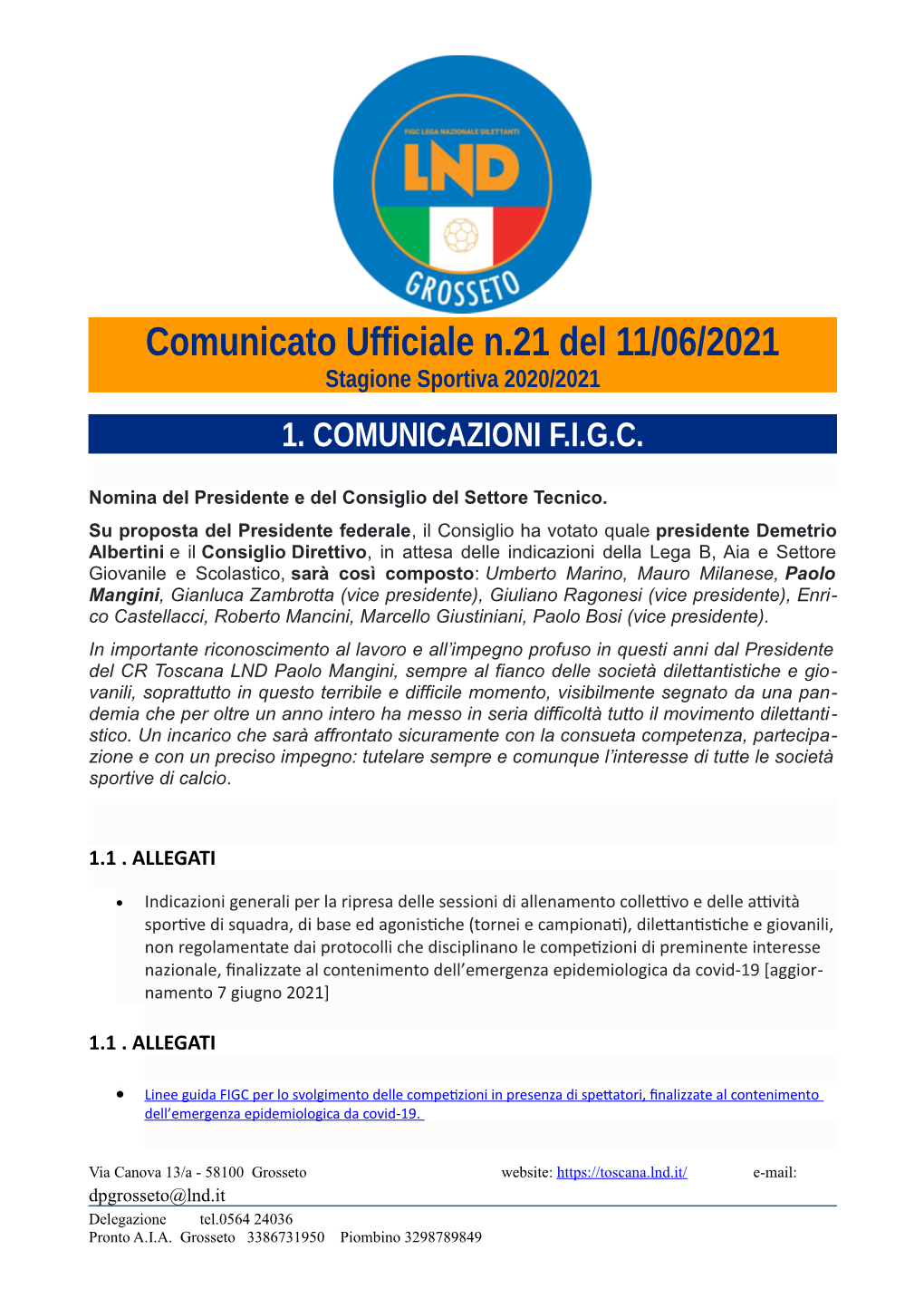 Comunicato Ufficiale N.21 Del 11/06/2021 Stagione Sportiva 2020/2021 1
