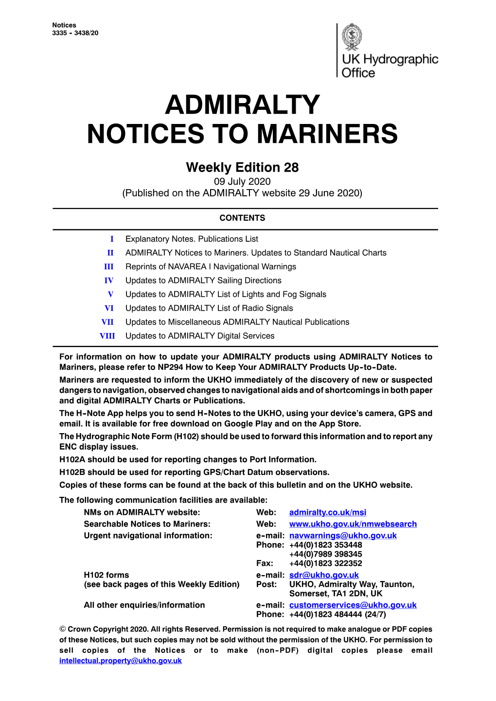 ADMIRALTY NOTICES to MARINERS Weekly Edition 28 09 July 2020 (Published on the ADMIRALTY Website 29 June 2020)