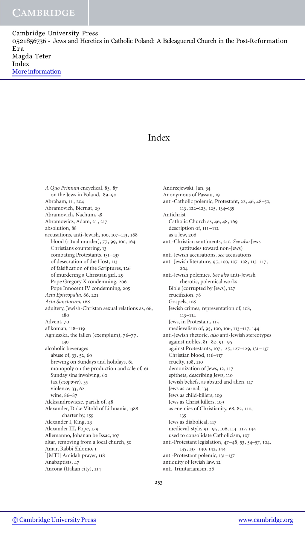 Jews and Heretics in Catholic Poland: a Beleaguered Church in the Post-Reformation Era Magda Teter Index More Information