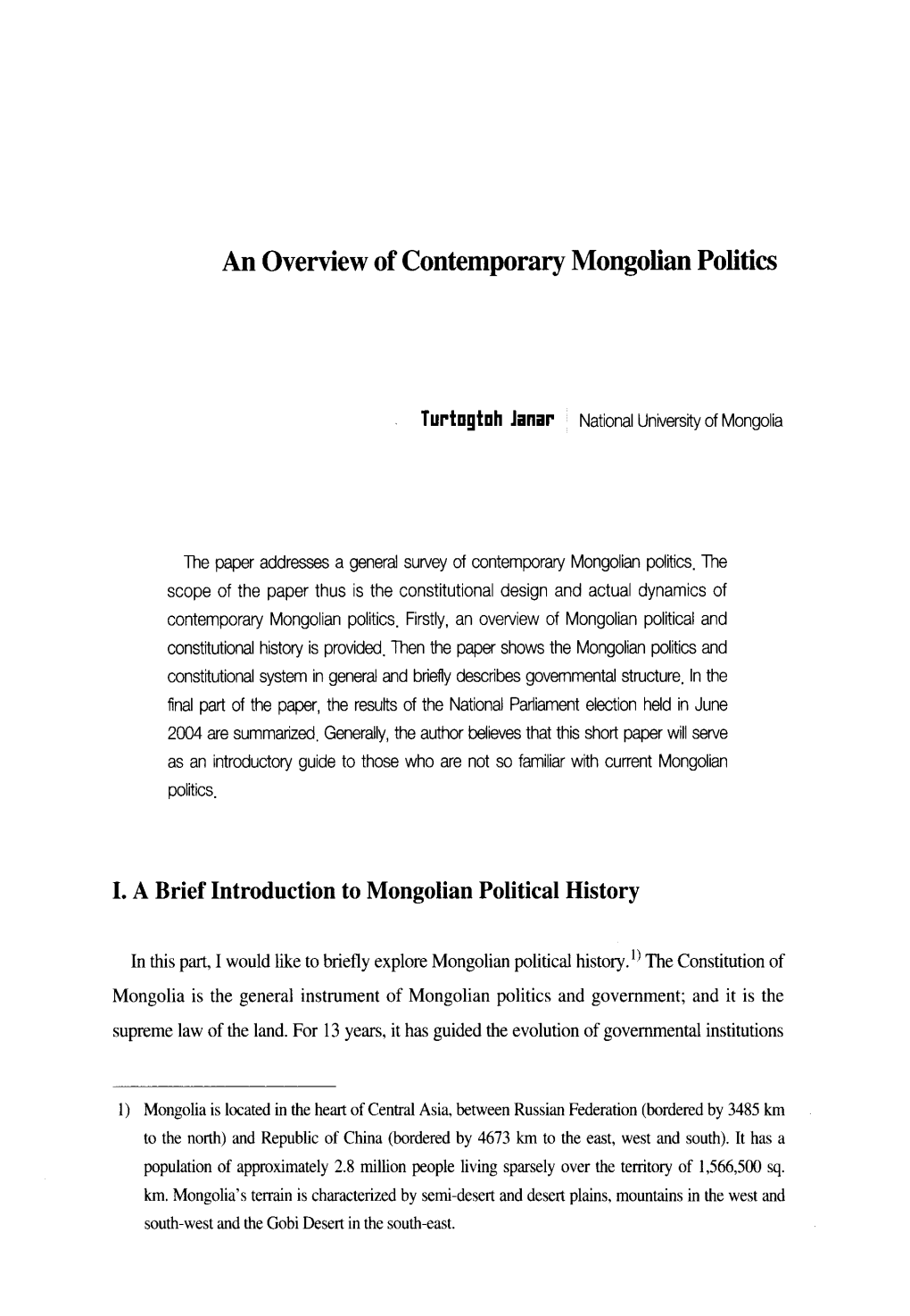 An Overview of Contemporary Mongolian Politics