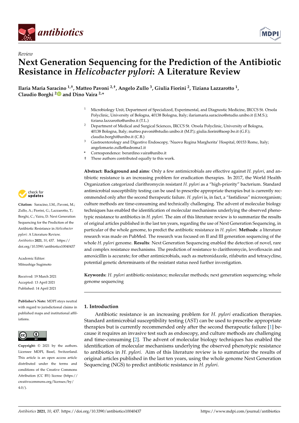 Next Generation Sequencing for the Prediction of the Antibiotic Resistance in Helicobacter Pylori: a Literature Review