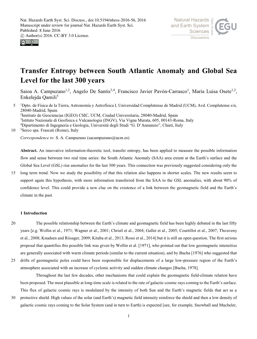 Transfer Entropy Between South Atlantic Anomaly and Global Sea Level for the Last 300 Years Saioa A