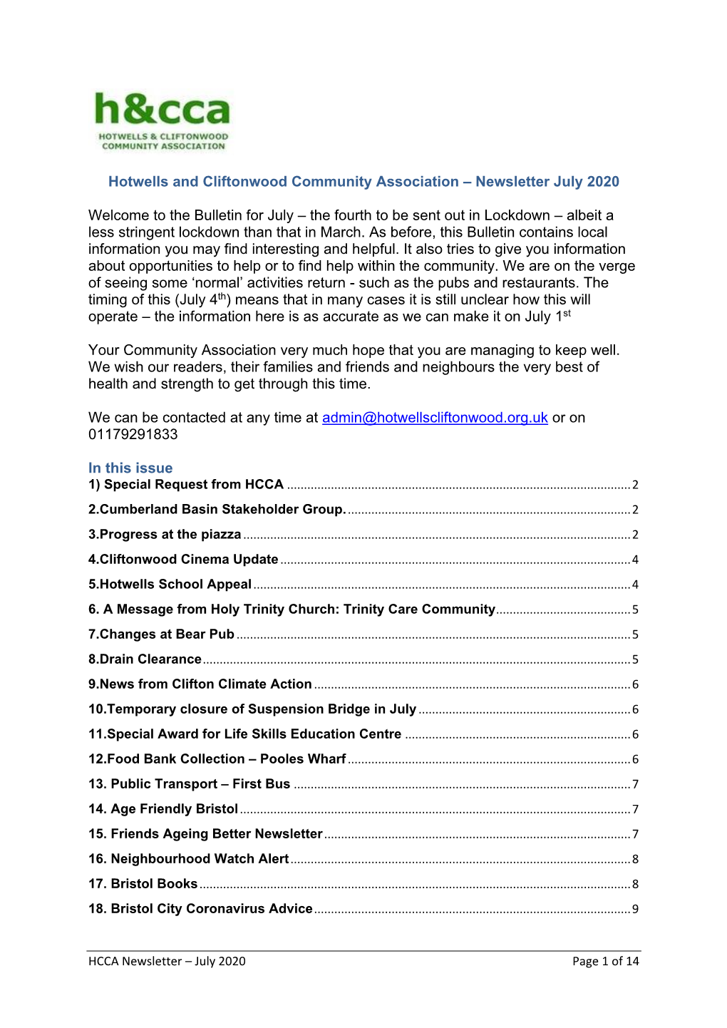 Hotwells and Cliftonwood Community Association – Newsletter July 2020