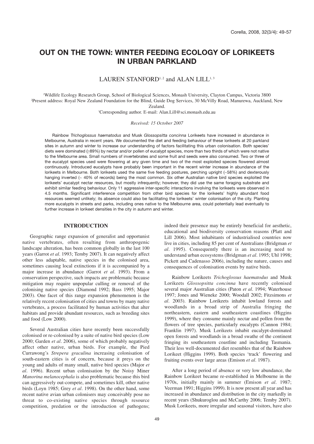 Winter Feeding Ecology of Lorikeets in Urban Parkland