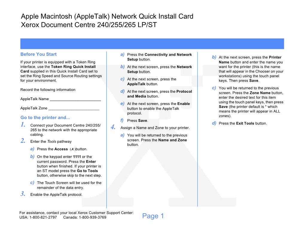 Apple Macintosh (Appletalk) Network Quick Install Card Xerox Document Centre 240/255/265 LP/ST
