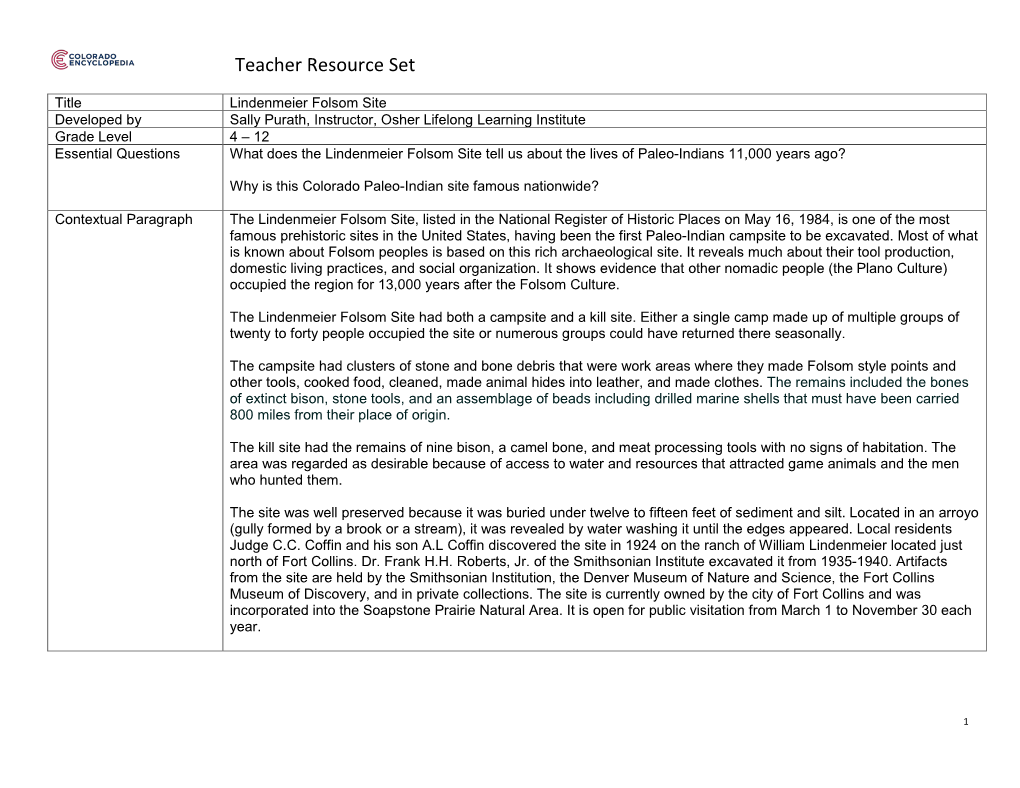 Lindenmeier Folsom Site Teacher Resource