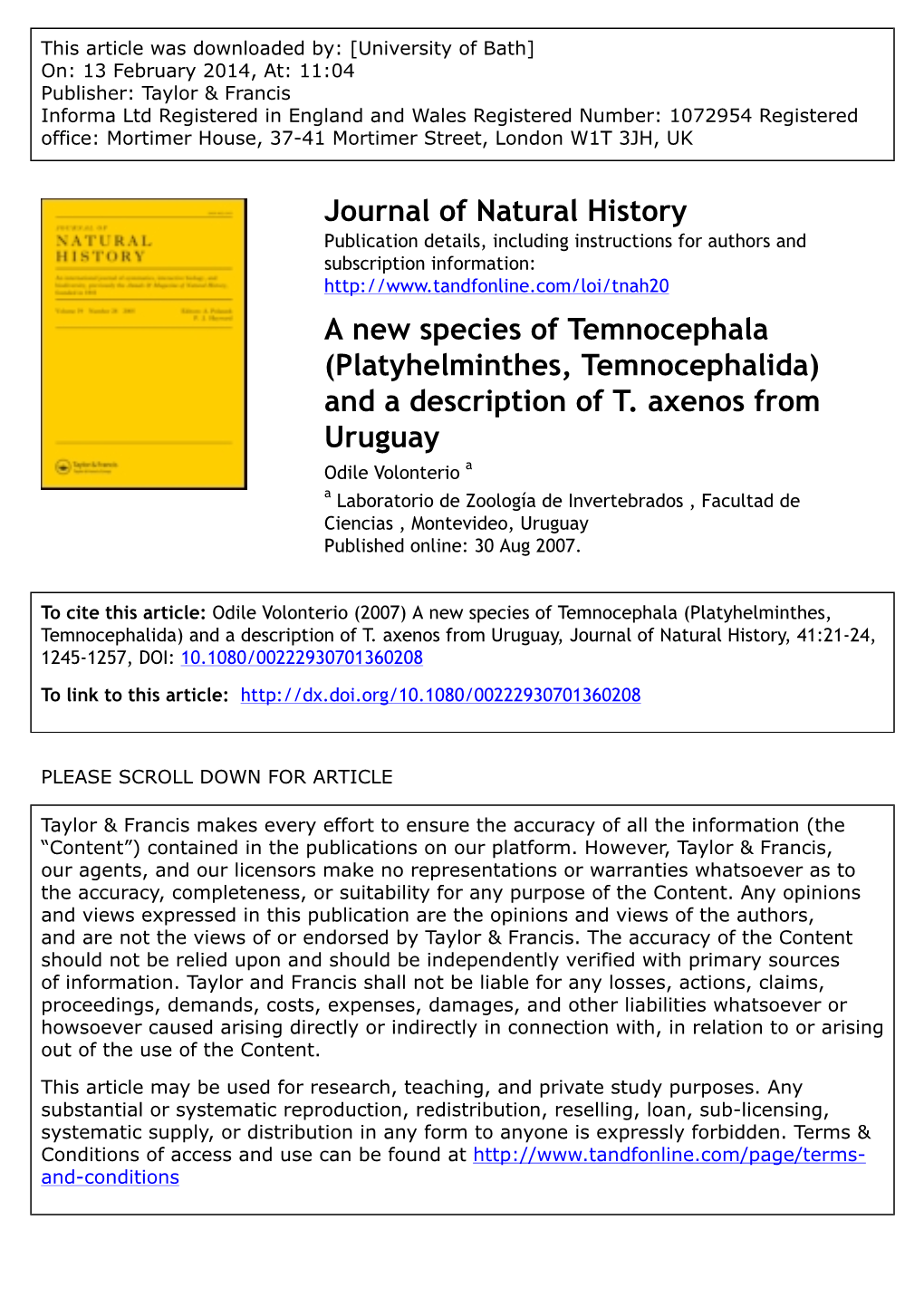 Platyhelminthes, Temnocephalida) and a Description of T