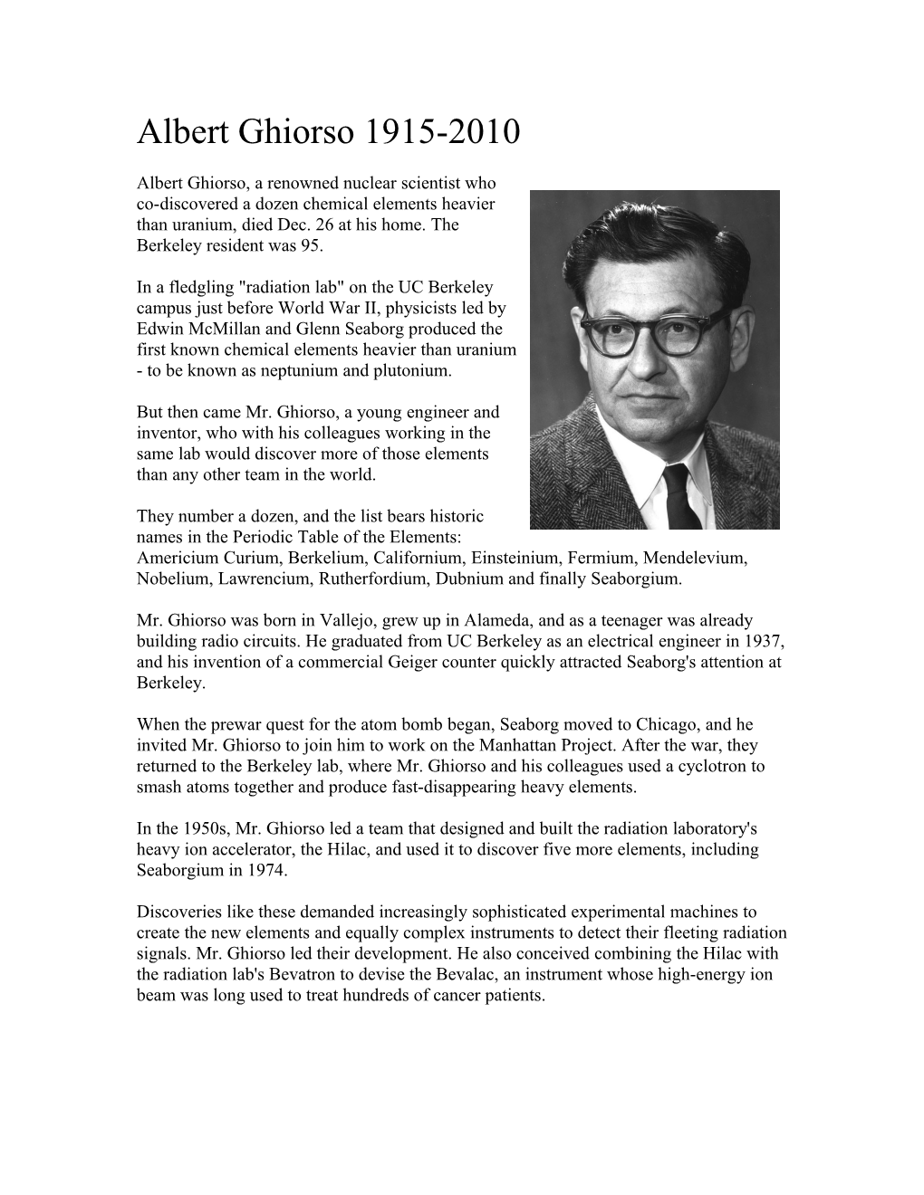 Albert Ghiorso, a Renowned Nuclear Scientist Who Co-Discovered a Dozen Chemical Elements Heavier Than Uranium, Died Dec