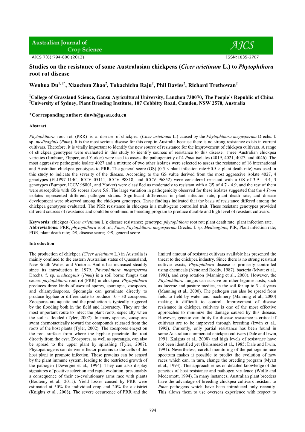 (Cicer Arietinum L.) to Phytophthora Root Rot Disease