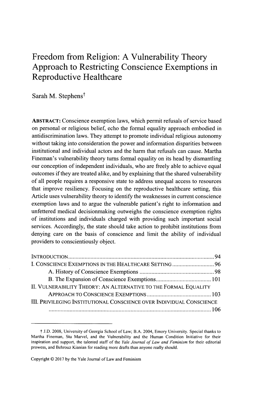 Freedom from Religion: a Vulnerability Theory Approach to Restricting Conscience Exemptions in Reproductive Healthcare