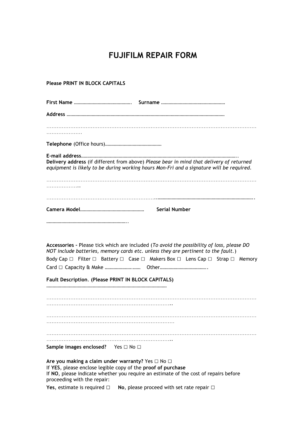 Fujifilm Repair Form