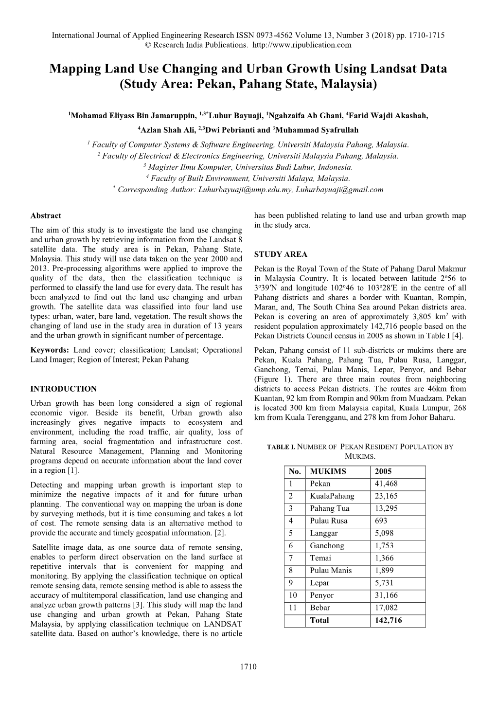 Mapping Land Use Changing and Urban Growth Using Landsat Data (Study Area: Pekan, Pahang State, Malaysia)