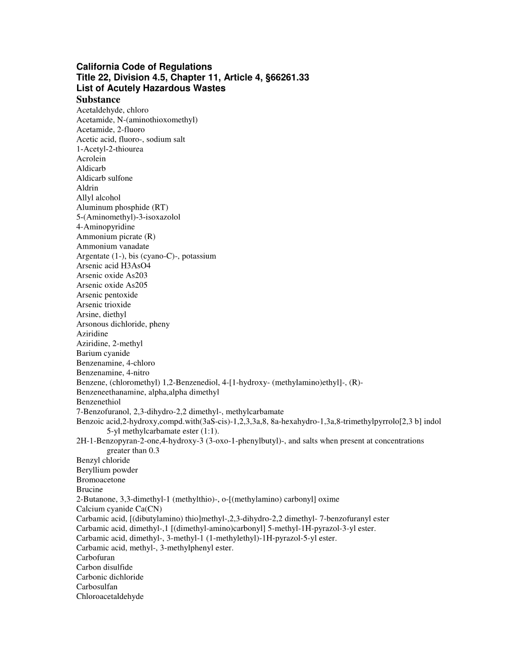 Acutely Hazardous Waste List