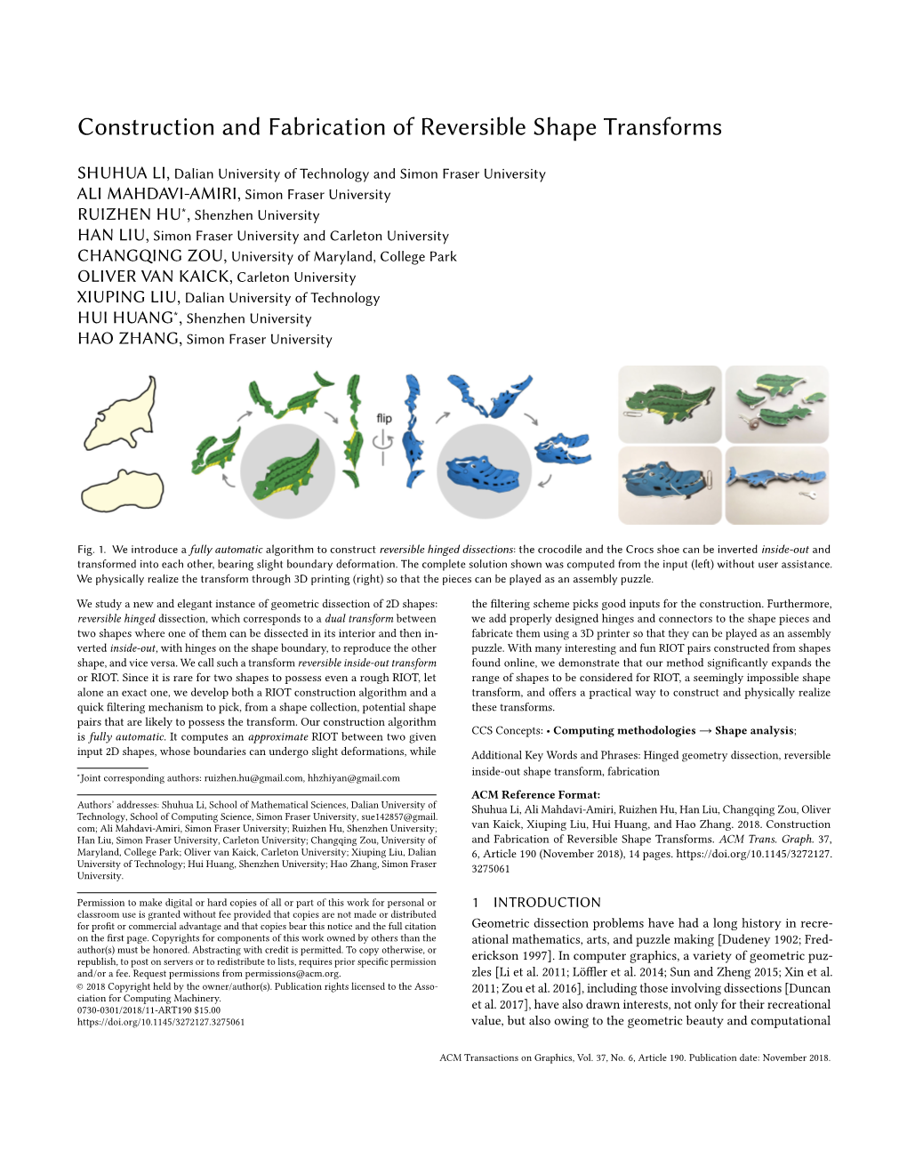 Construction and Fabrication of Reversible Shape Transforms