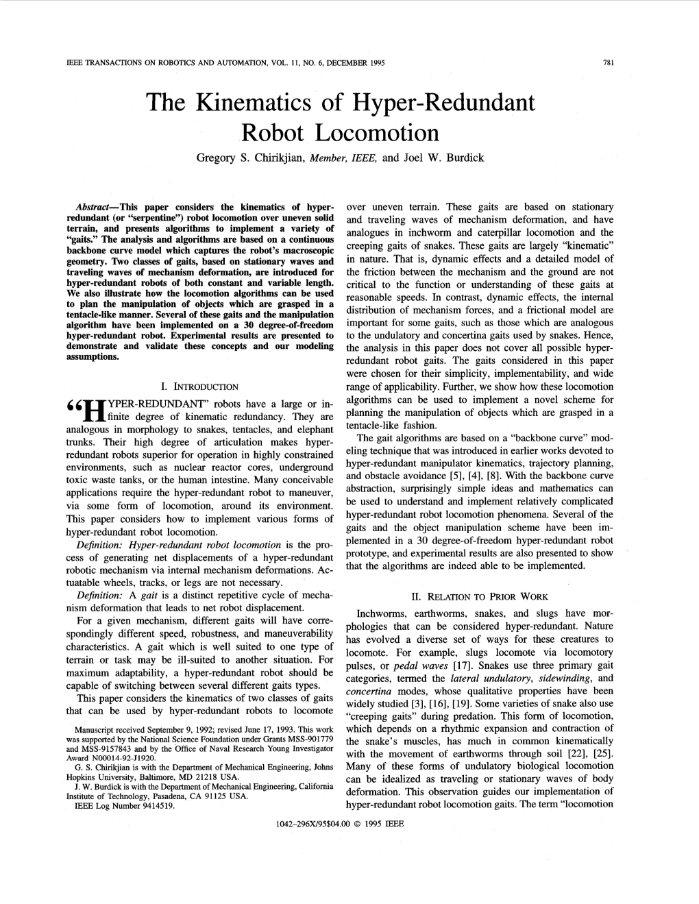 The Kinematics of Hyper-Redundant Robot Locomotion Gregory S