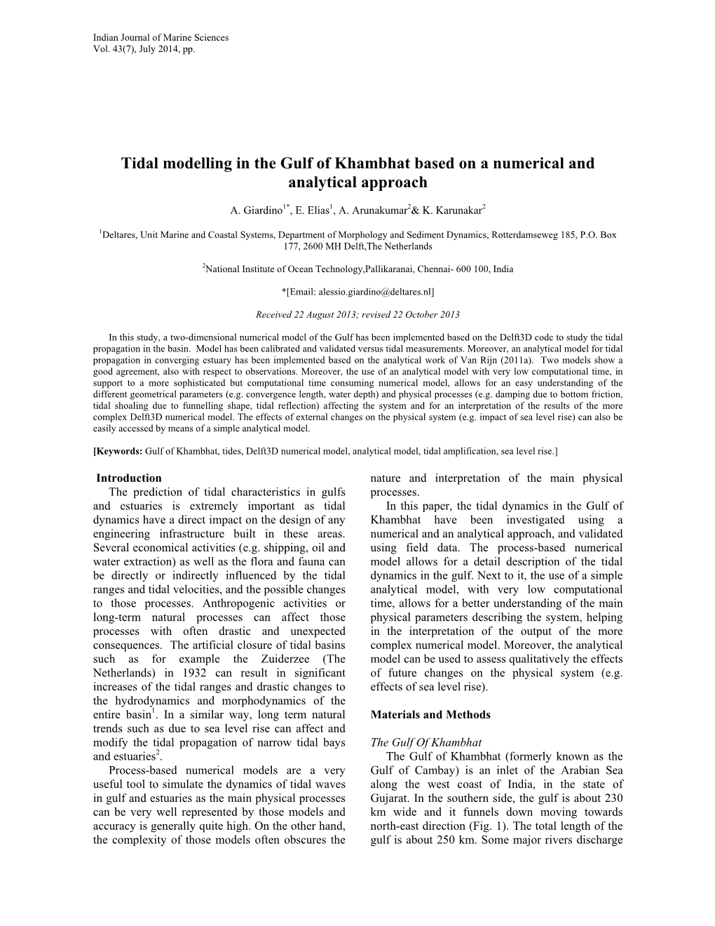 Tidal Modelling in the Gulf of Khambhat Based on a Numerical and Analytical Approach