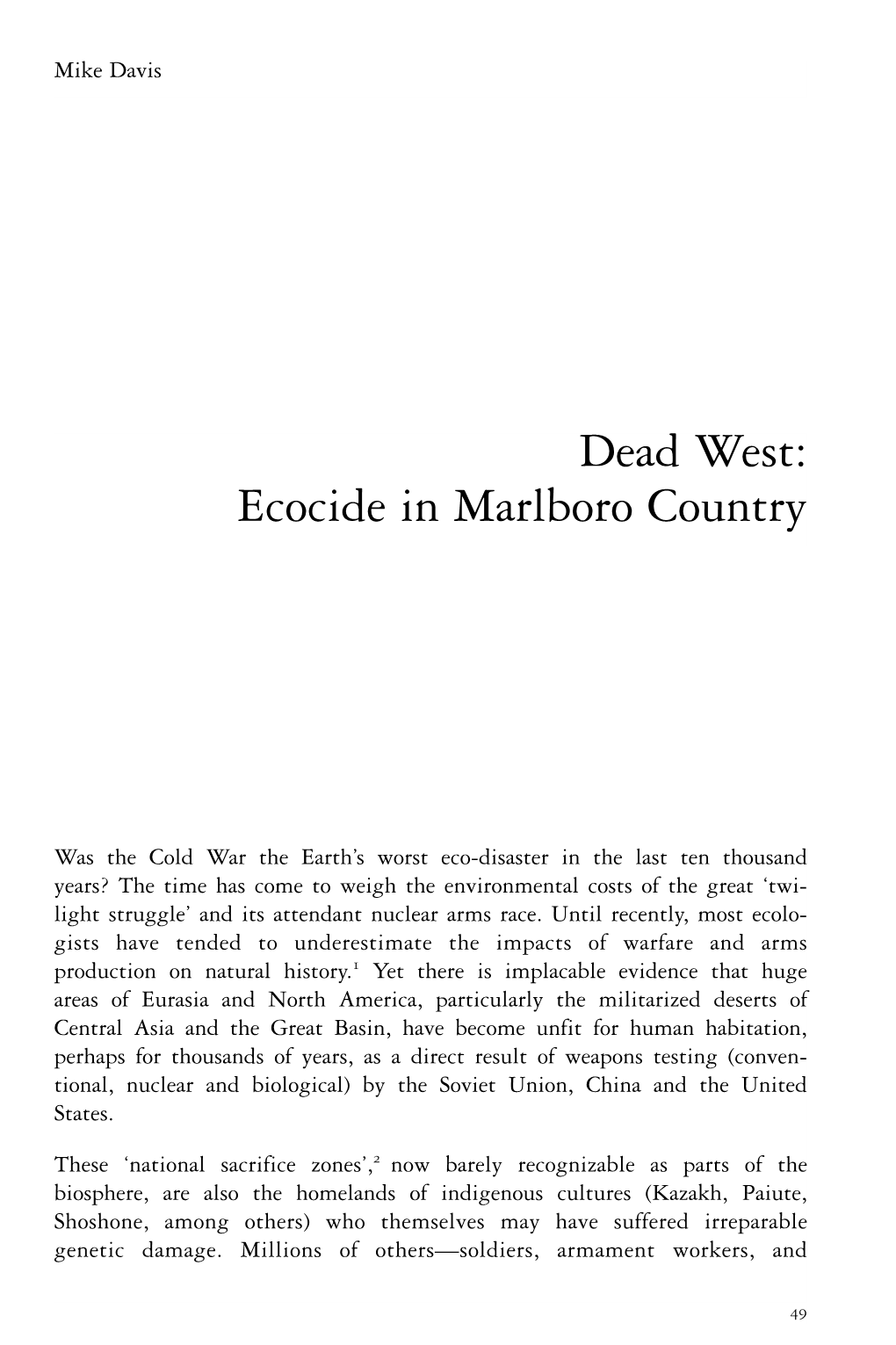 Dead West: Ecocide in Marlboro Country