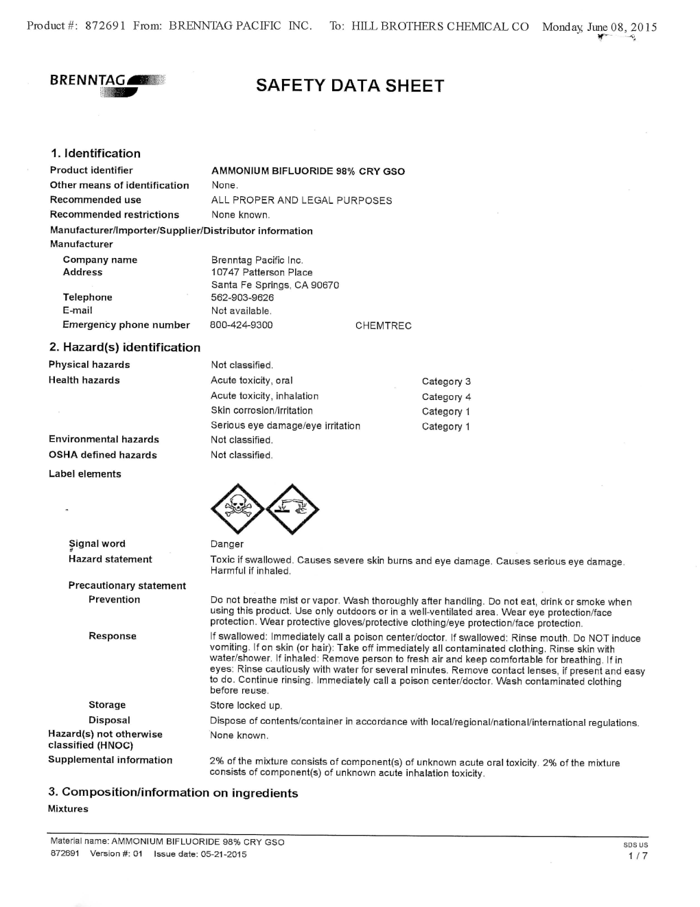 AMMONIUM BIFLUORIDE 98% CRY GSO SDSUS 672691 Version*: 01 Issue Date: 05-21-2015 1 II Product #: 872691 From: BRENNTAG PACIFIC INC