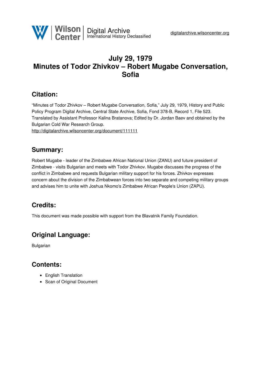 July 29, 1979 Minutes of Todor Zhivkov – Robert Mugabe Conversation, Sofia