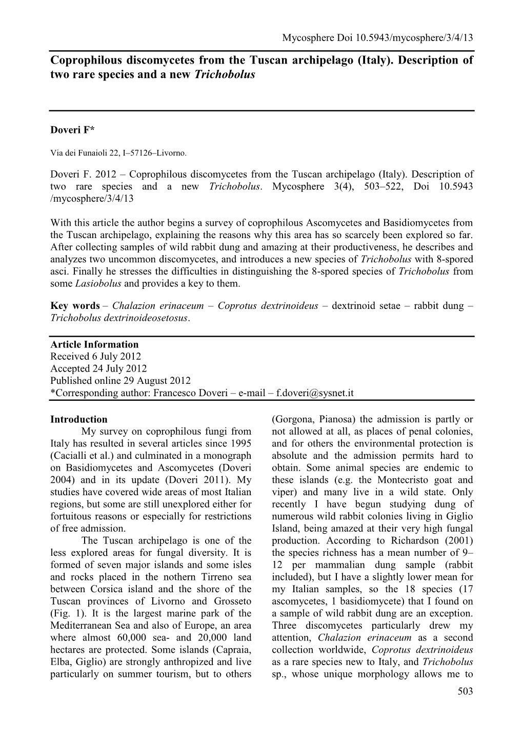 Coprophilous Discomycetes from the Tuscan Archipelago (Italy)