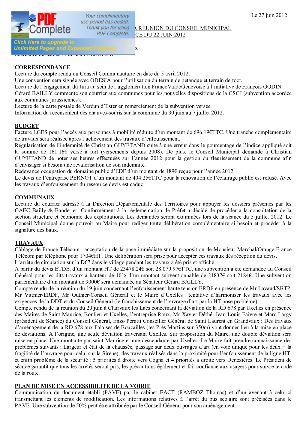 COMMUNE D'uxelles Le 27 Juin 2012 COMPTE-RENDU DE LA