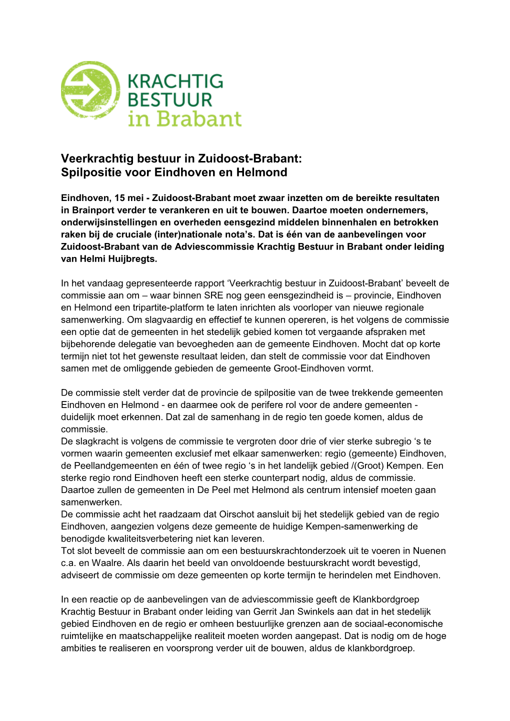 Veerkrachtig Bestuur in Zuidoost-Brabant: Spilpositie Voor Eindhoven En Helmond