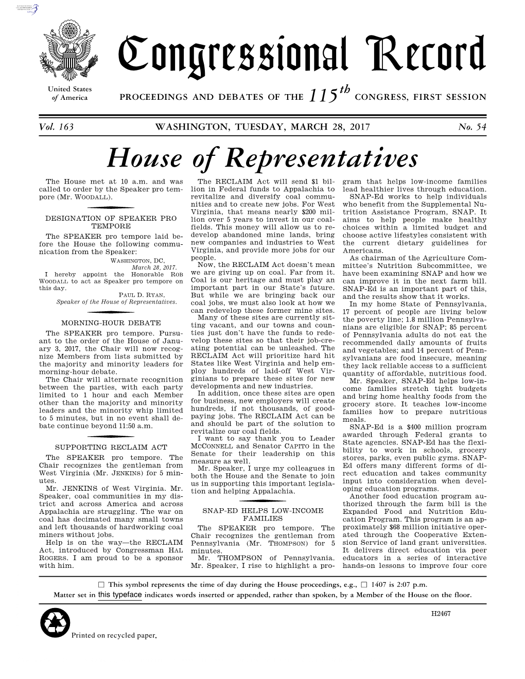 Congressional Record United States Th of America PROCEEDINGS and DEBATES of the 115 CONGRESS, FIRST SESSION