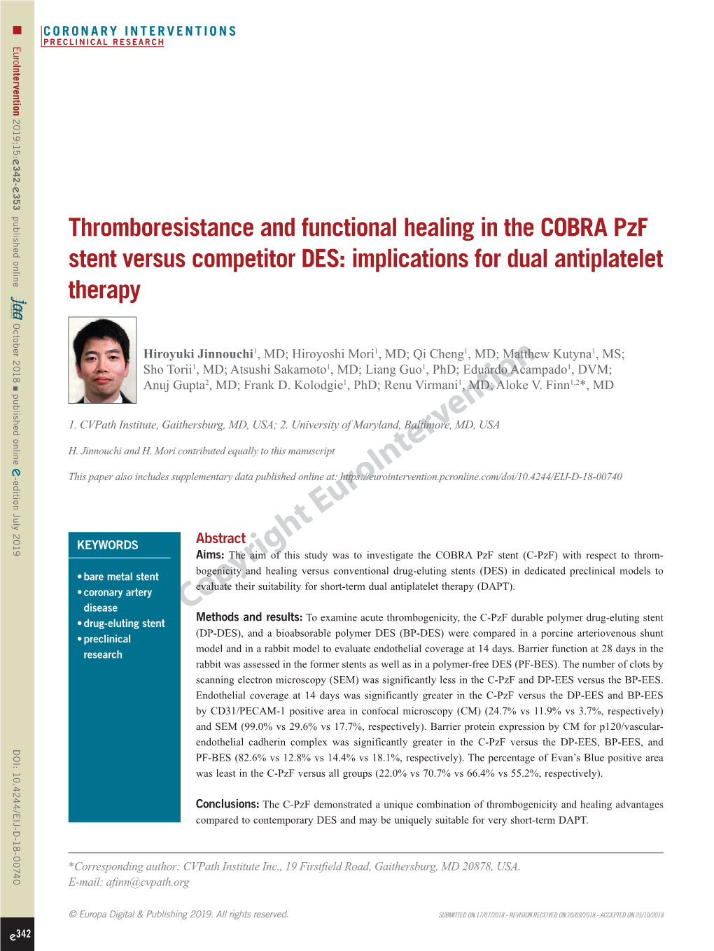 Thromboresistance and Functional Healing in the COBRA Pzf Stent Versus Competitor DES: Implications for Dual Antiplatelet Therapy October 2018 October