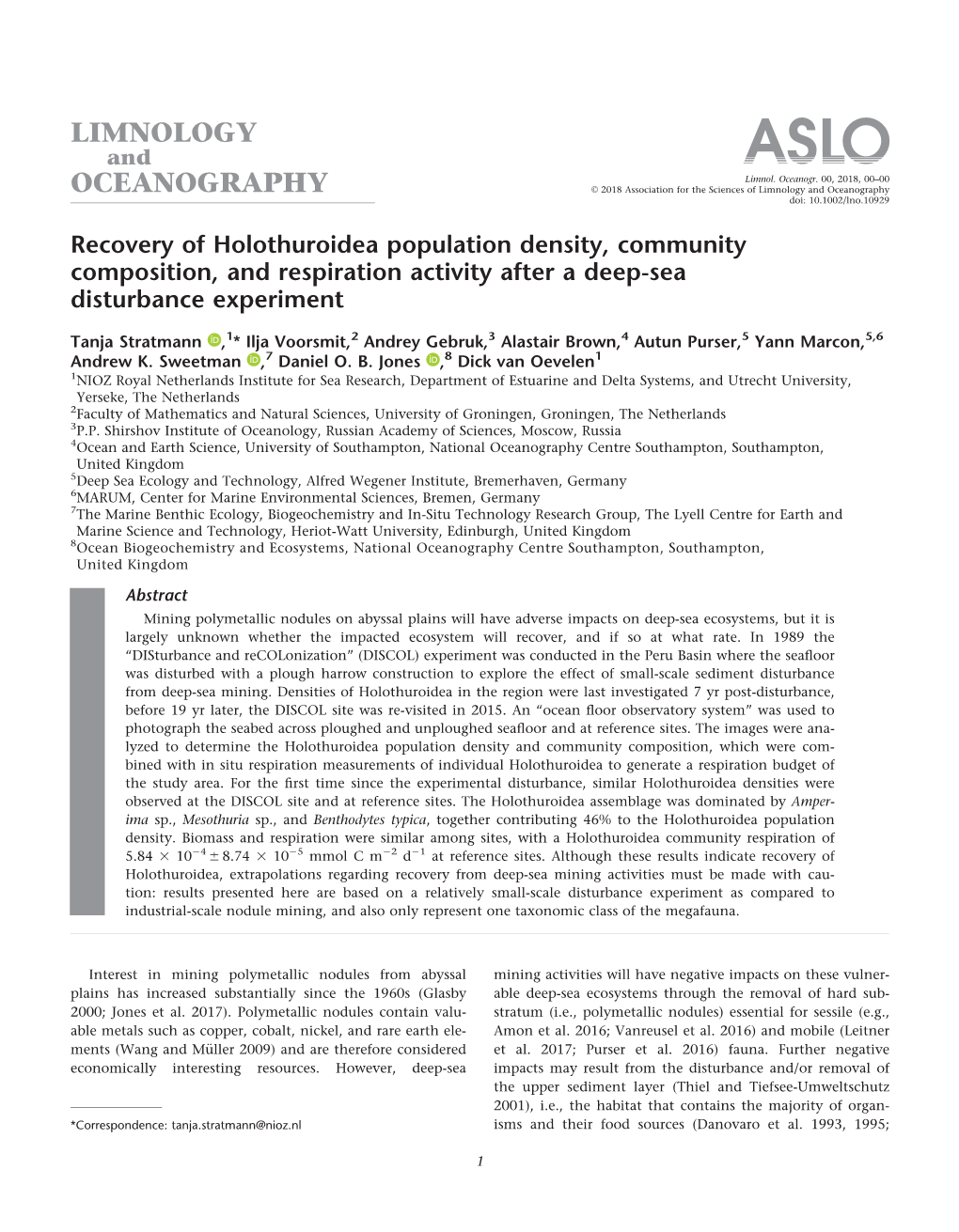 Recovery of Holothuroidea Population Density, Community Composition, and Respiration Activity After a Deep-Sea Disturbance Experiment
