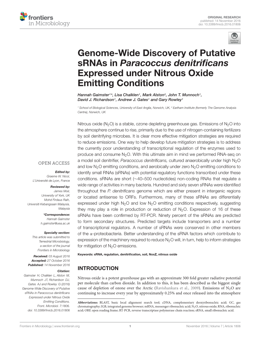 Genome-Wide Discovery of Putative Srnas in Paracoccus Denitrificans Expressed Under Nitrous Oxide Emitting Conditions