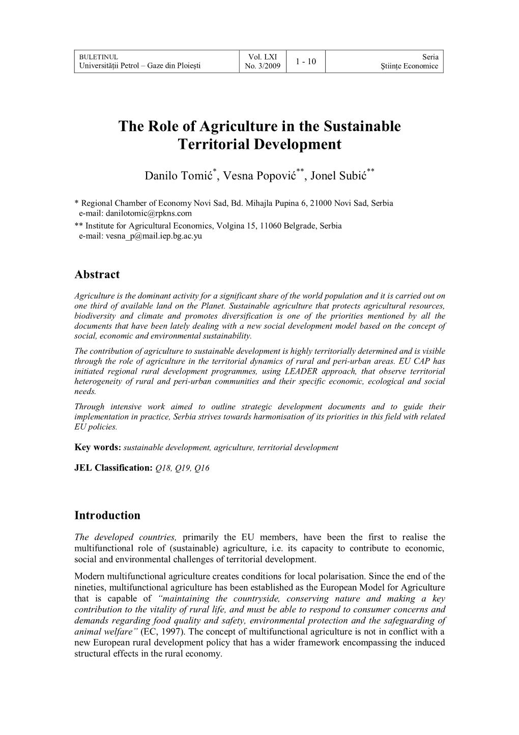 The Role of Agriculture in the Sustainable Territorial Development