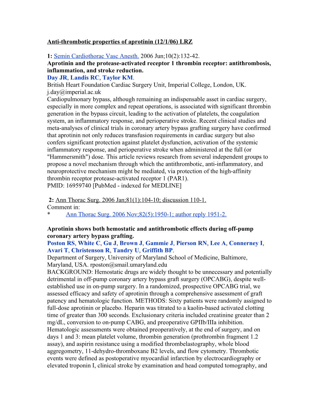 Anti-Thrombotic Properties of Aprotinin