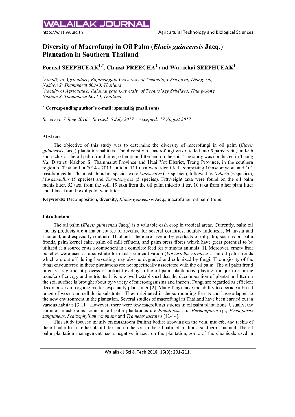 Diversity of Macrofungi in Oil Palm (Elaeis Guineensis Jacq.) Plantation in Southern Thailand