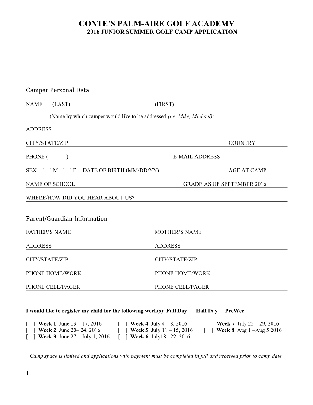 Conte S Palm-Aire Golf Academy2016 Junior Summer Golf Camp Application