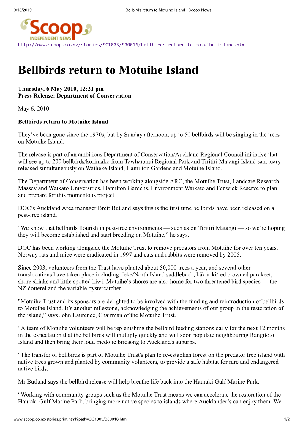 Bellbirds Return to Motuihe Island | Scoop News