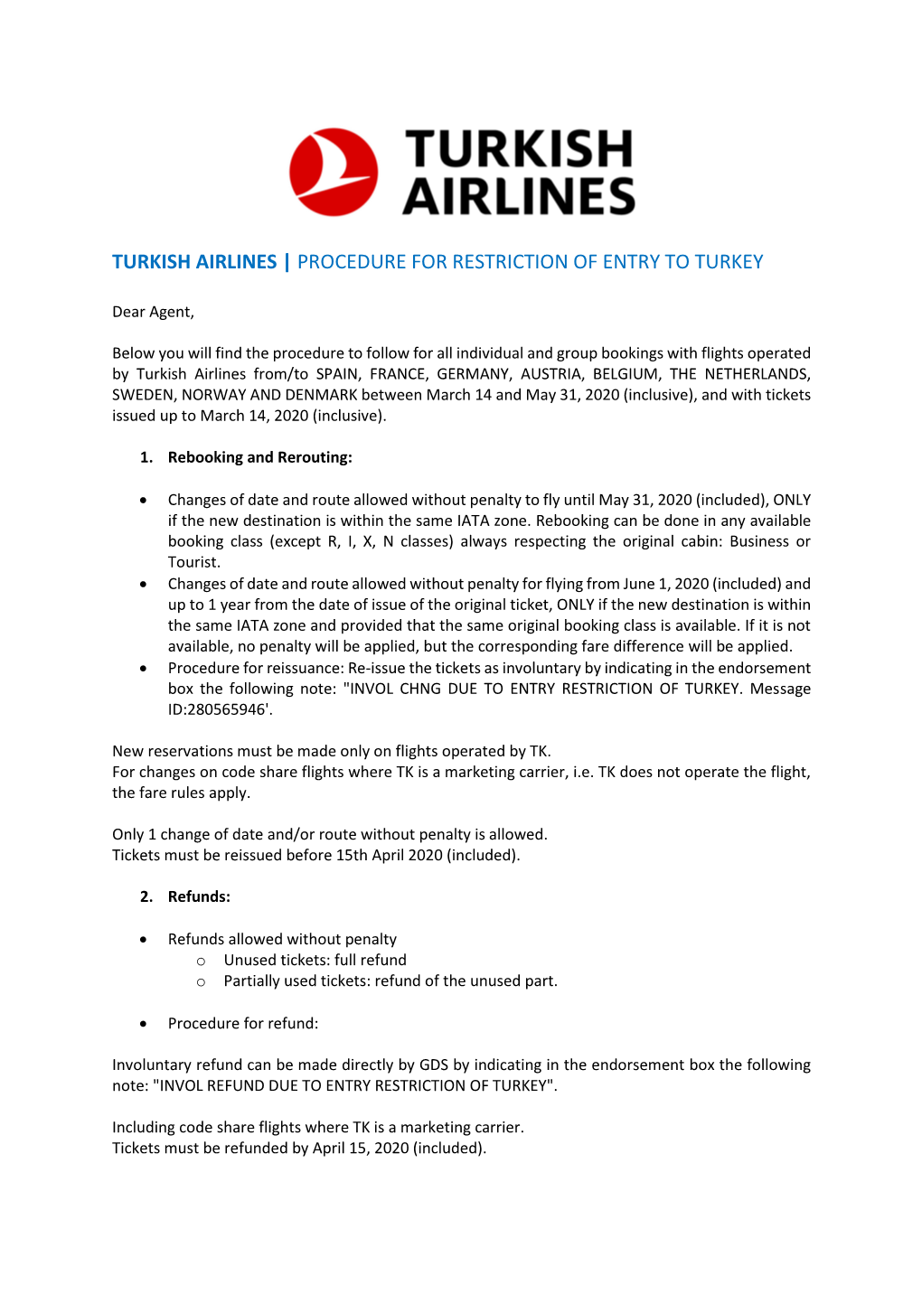 Turkish Airlines | Procedure for Restriction of Entry to Turkey