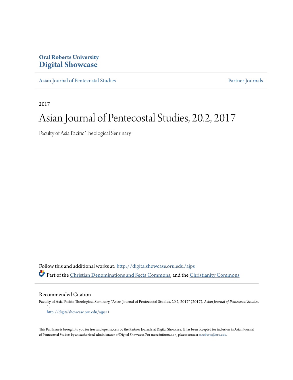 Asian Journal of Pentecostal Studies, 20.2, 2017 Faculty of Asia Pacific Theological Seminary