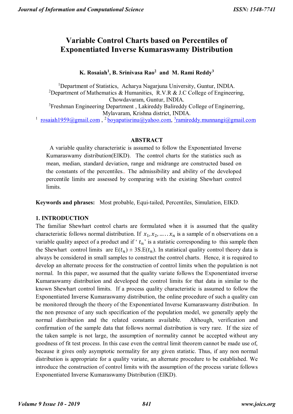 Variable Control Charts Based on Percentiles of Exponentiated Inverse Kumaraswamy Distribution